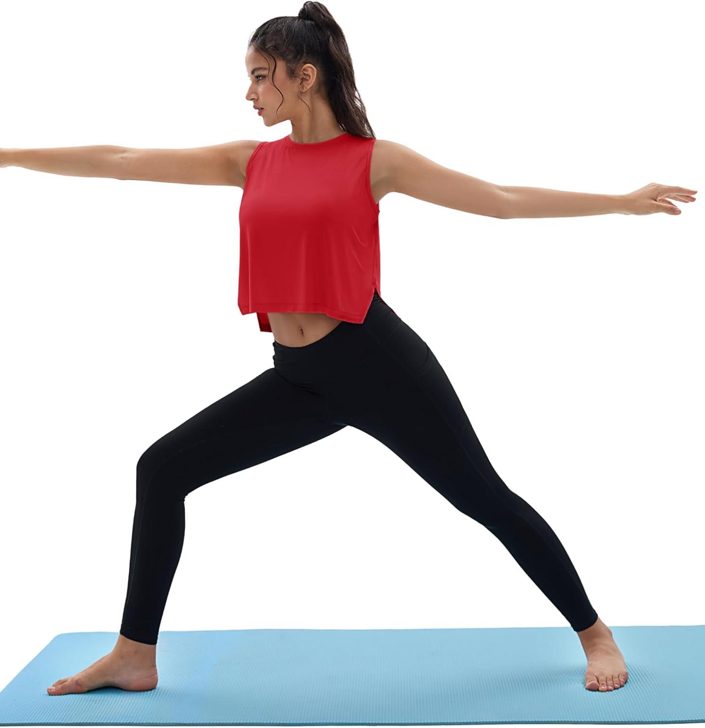 imageMAGCOMSEN Womens Crop Tank Tops Workout Sleeveless Shirts Loose Fit Gym Yoga Top with Side SlitsRed