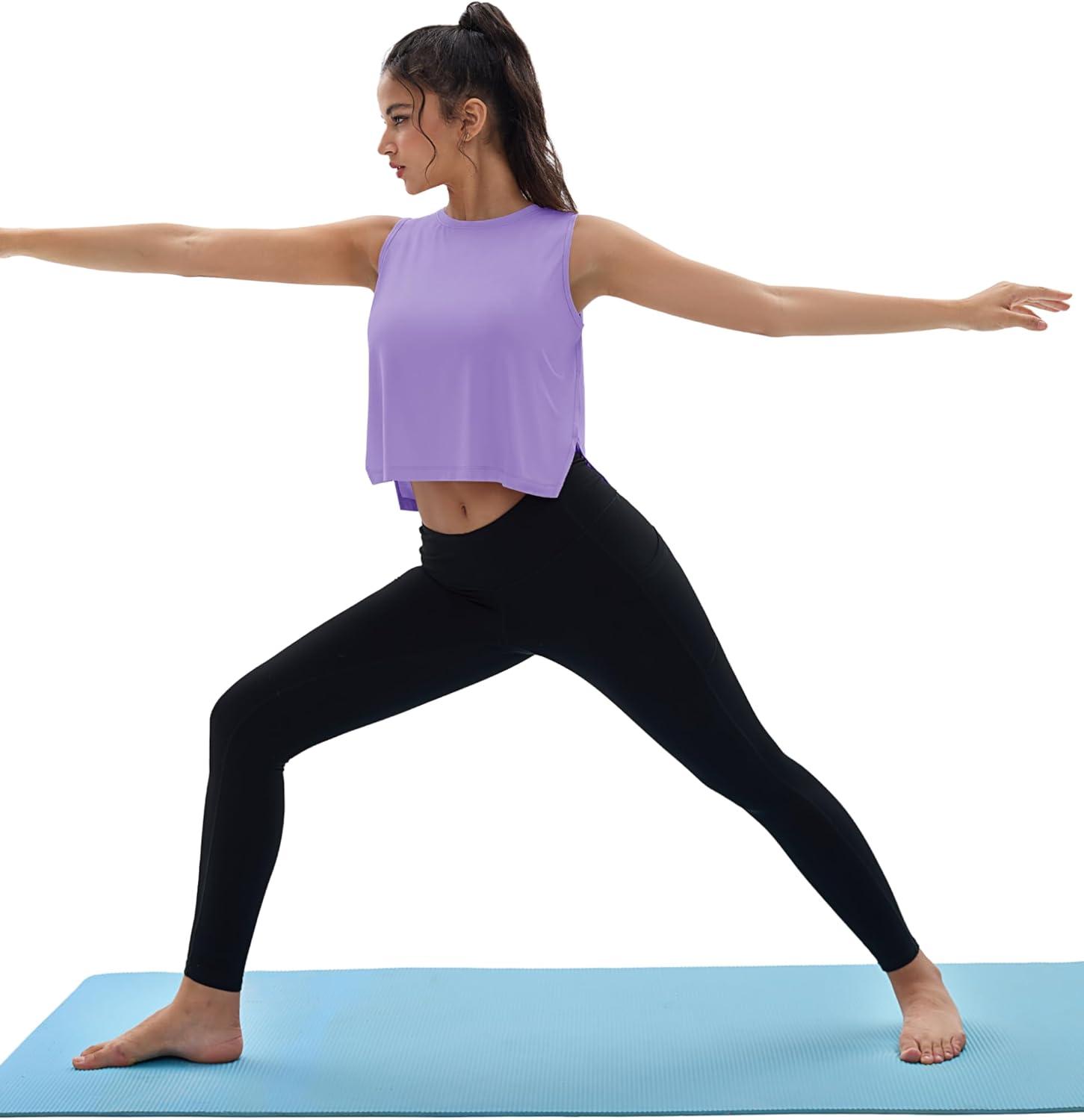 imageMAGCOMSEN Womens Crop Tank Tops Workout Sleeveless Shirts Loose Fit Gym Yoga Top with Side SlitsTaro Purple