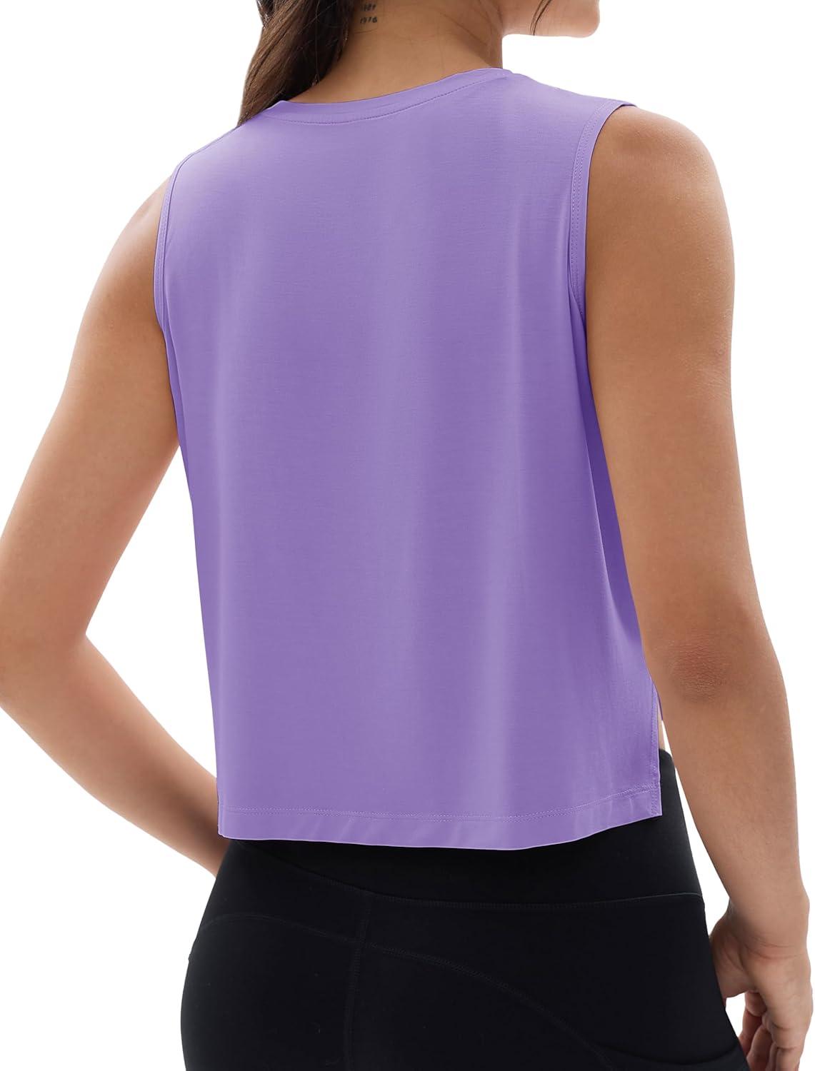 imageMAGCOMSEN Womens Crop Tank Tops Workout Sleeveless Shirts Loose Fit Gym Yoga Top with Side SlitsTaro Purple