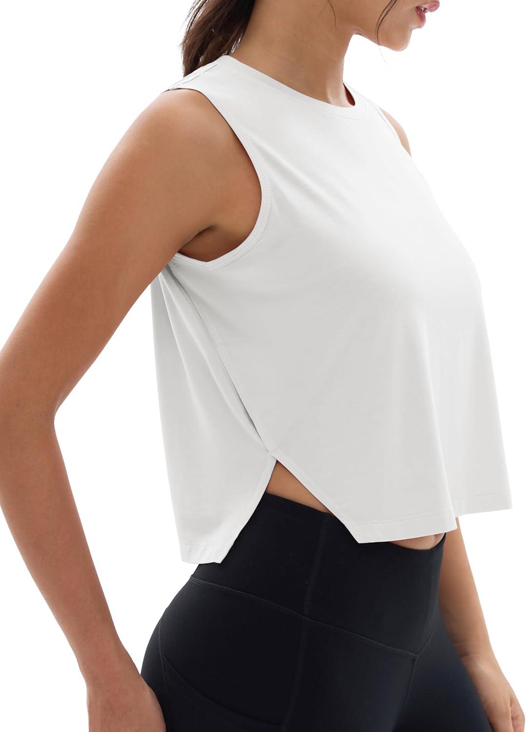 imageMAGCOMSEN Womens Crop Tank Tops Workout Sleeveless Shirts Loose Fit Gym Yoga Top with Side SlitsWhite