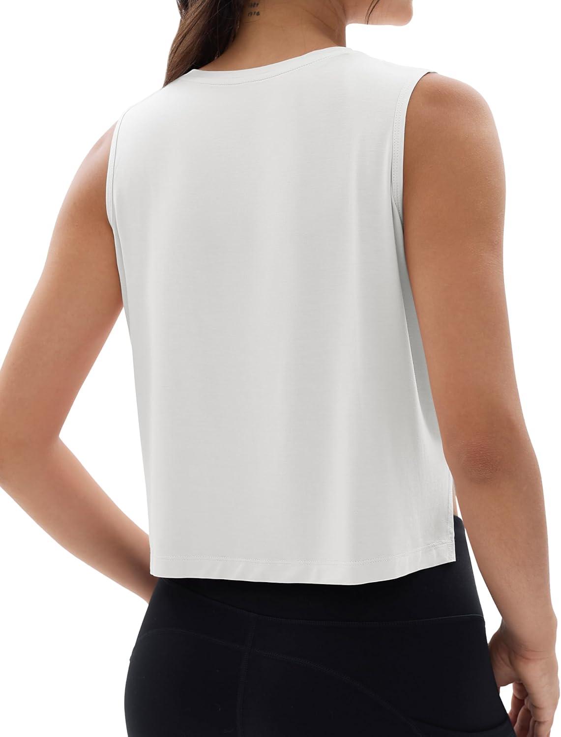imageMAGCOMSEN Womens Crop Tank Tops Workout Sleeveless Shirts Loose Fit Gym Yoga Top with Side SlitsWhite