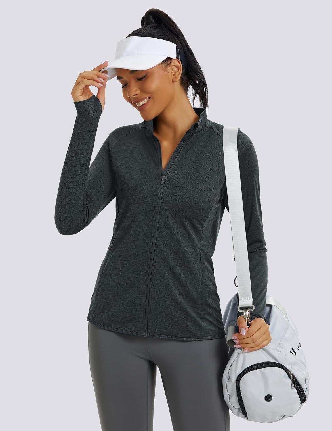 imageMAGCOMSEN Womens UPF 50 Athletic Jackets Full Zip Lightweight Workout Jacket SPF Sun Protection Shirts Hiking RunningBlack