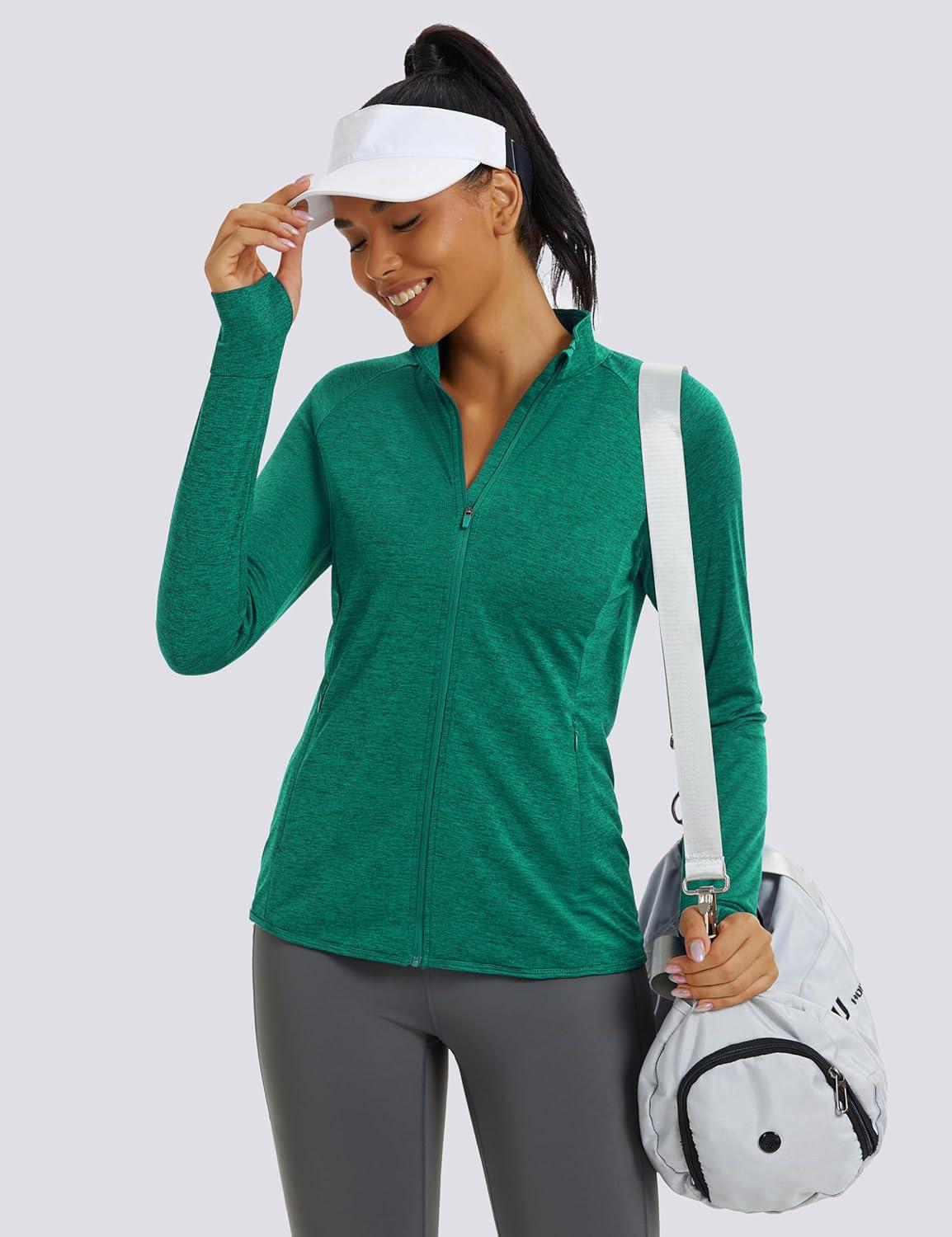 imageMAGCOMSEN Womens UPF 50 Athletic Jackets Full Zip Lightweight Workout Jacket SPF Sun Protection Shirts Hiking RunningGreen