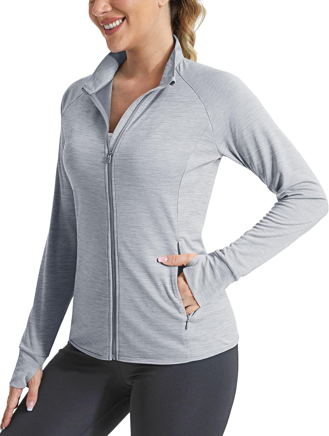imageMAGCOMSEN Womens UPF 50 Athletic Jackets Full Zip Lightweight Workout Jacket SPF Sun Protection Shirts Hiking RunningLtgray