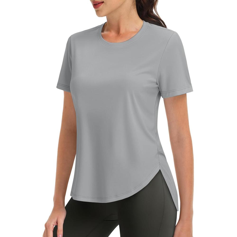 imageMAGCOMSEN Women Workout Short Sleeve Tops UPF 50 Sun T Shirt Quick Dry Moisture Wicking Shirts for Yoga Running HikingLight Grey