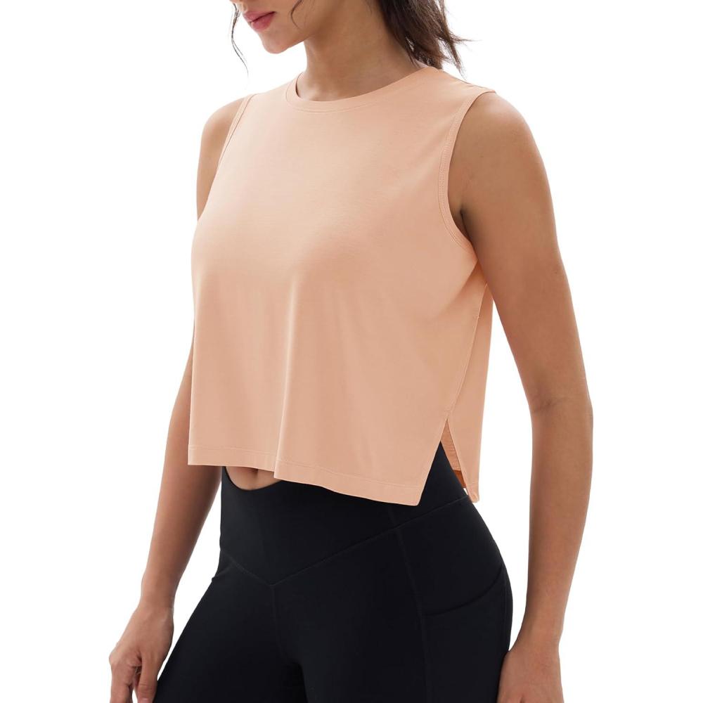 imageMAGCOMSEN Womens Crop Tank Tops Workout Sleeveless Shirts Loose Fit Gym Yoga Top with Side SlitsApricot