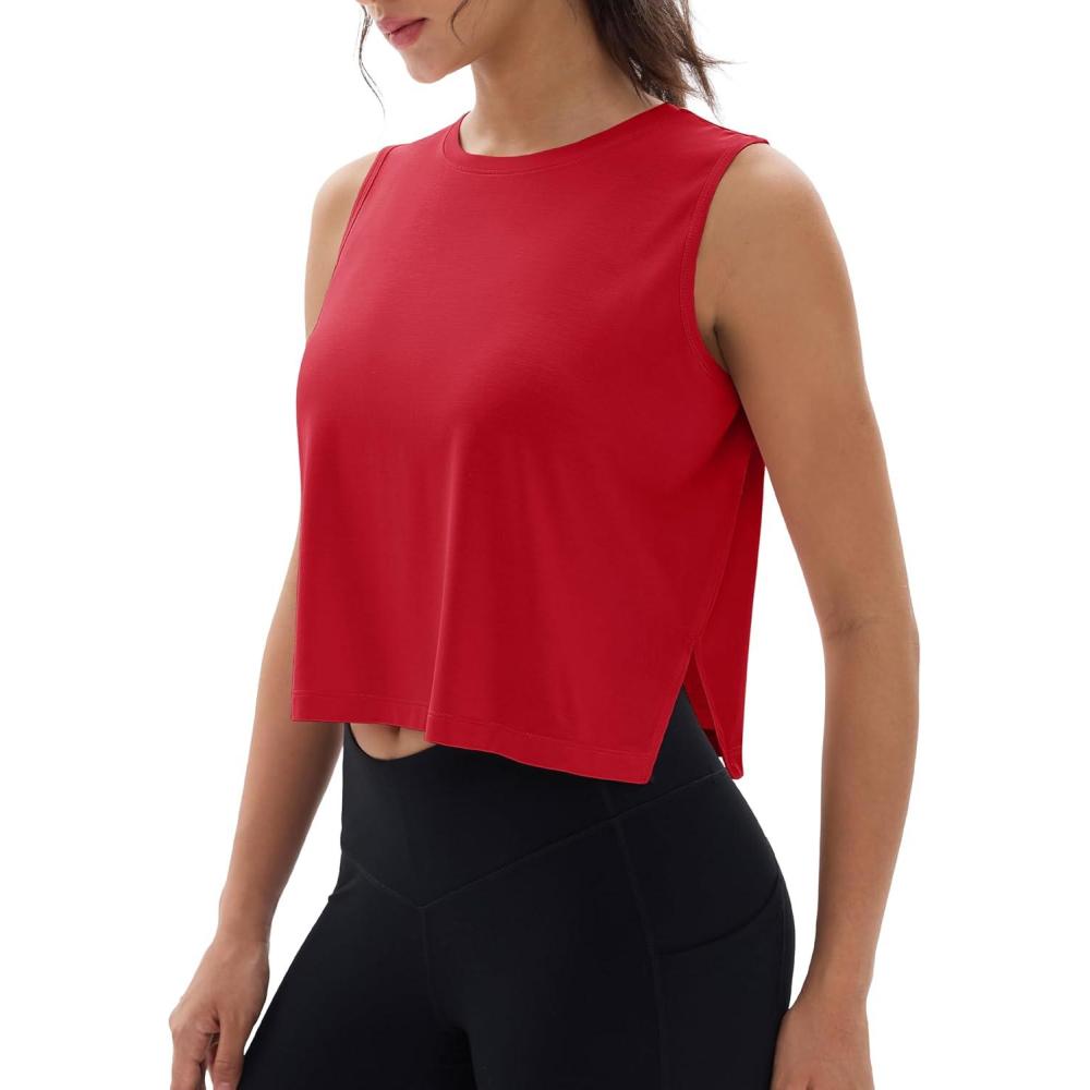imageMAGCOMSEN Womens Crop Tank Tops Workout Sleeveless Shirts Loose Fit Gym Yoga Top with Side SlitsRed