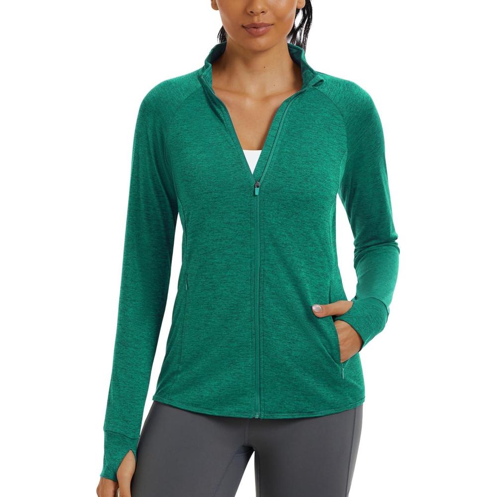 imageMAGCOMSEN Womens UPF 50 Athletic Jackets Full Zip Lightweight Workout Jacket SPF Sun Protection Shirts Hiking RunningGreen