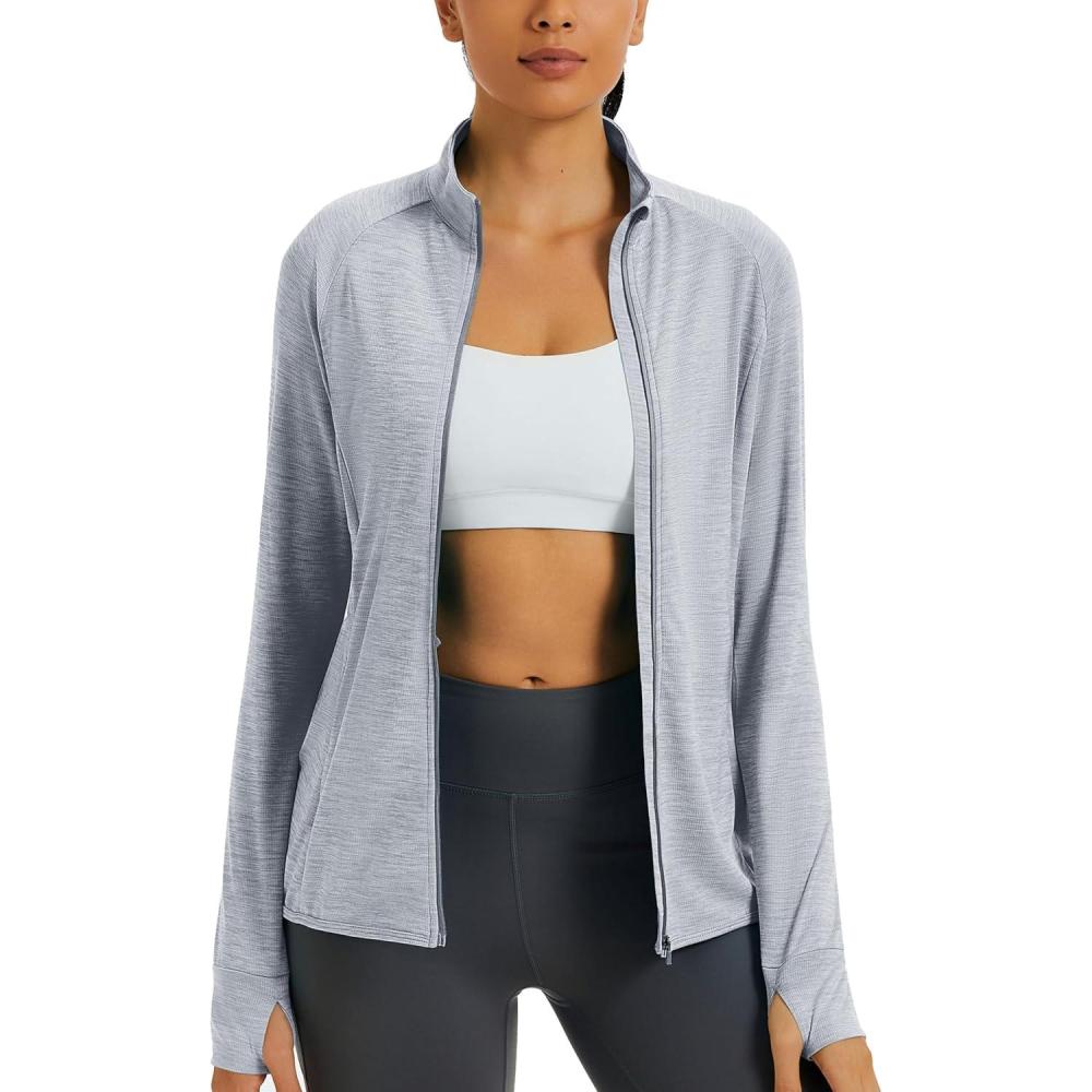 imageMAGCOMSEN Womens UPF 50 Athletic Jackets Full Zip Lightweight Workout Jacket SPF Sun Protection Shirts Hiking RunningLtgray