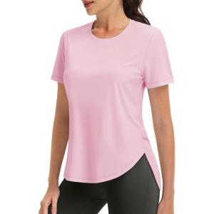 imageMAGCOMSEN Women Workout Short Sleeve Tops UPF 50 Sun T Shirt Quick Dry Moisture Wicking Shirts for Yoga Running HikingAlight Pink