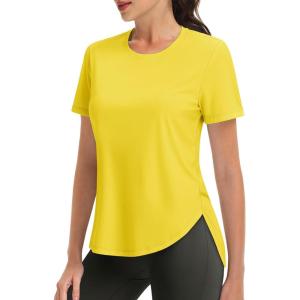 imageMAGCOMSEN Women Workout Short Sleeve Tops UPF 50 Sun T Shirt Quick Dry Moisture Wicking Shirts for Yoga Running HikingBright Yellow