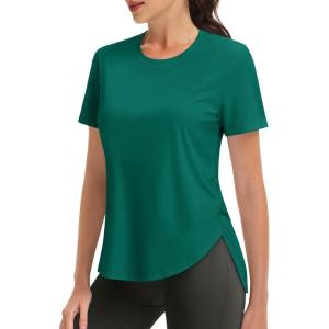imageMAGCOMSEN Women Workout Short Sleeve Tops UPF 50 Sun T Shirt Quick Dry Moisture Wicking Shirts for Yoga Running HikingEmerald Green