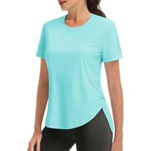 imageMAGCOMSEN Women Workout Short Sleeve Tops UPF 50 Sun T Shirt Quick Dry Moisture Wicking Shirts for Yoga Running HikingLight Lake Blue