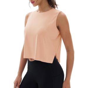 imageMAGCOMSEN Womens Crop Tank Tops Workout Sleeveless Shirts Loose Fit Gym Yoga Top with Side SlitsApricot