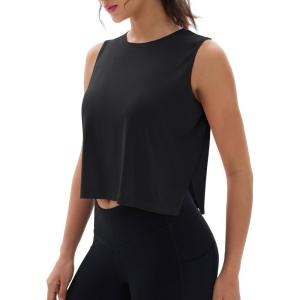 imageMAGCOMSEN Womens Crop Tank Tops Workout Sleeveless Shirts Loose Fit Gym Yoga Top with Side SlitsBlack
