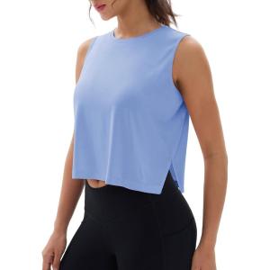 imageMAGCOMSEN Womens Crop Tank Tops Workout Sleeveless Shirts Loose Fit Gym Yoga Top with Side SlitsLight Blue