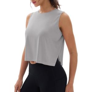 imageMAGCOMSEN Womens Crop Tank Tops Workout Sleeveless Shirts Loose Fit Gym Yoga Top with Side SlitsLight Grey