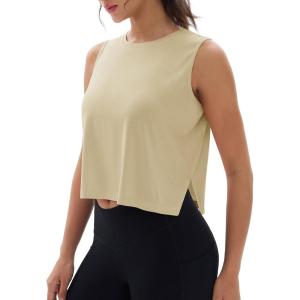 imageMAGCOMSEN Womens Crop Tank Tops Workout Sleeveless Shirts Loose Fit Gym Yoga Top with Side SlitsLight Khaki