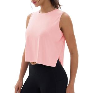 imageMAGCOMSEN Womens Crop Tank Tops Workout Sleeveless Shirts Loose Fit Gym Yoga Top with Side SlitsLight Pink
