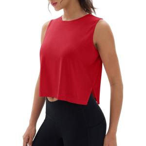 imageMAGCOMSEN Womens Crop Tank Tops Workout Sleeveless Shirts Loose Fit Gym Yoga Top with Side SlitsRed