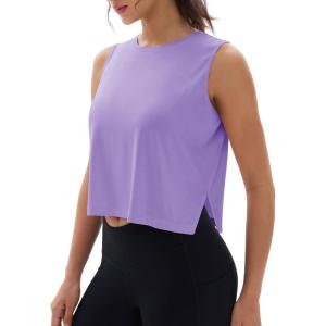 imageMAGCOMSEN Womens Crop Tank Tops Workout Sleeveless Shirts Loose Fit Gym Yoga Top with Side SlitsTaro Purple