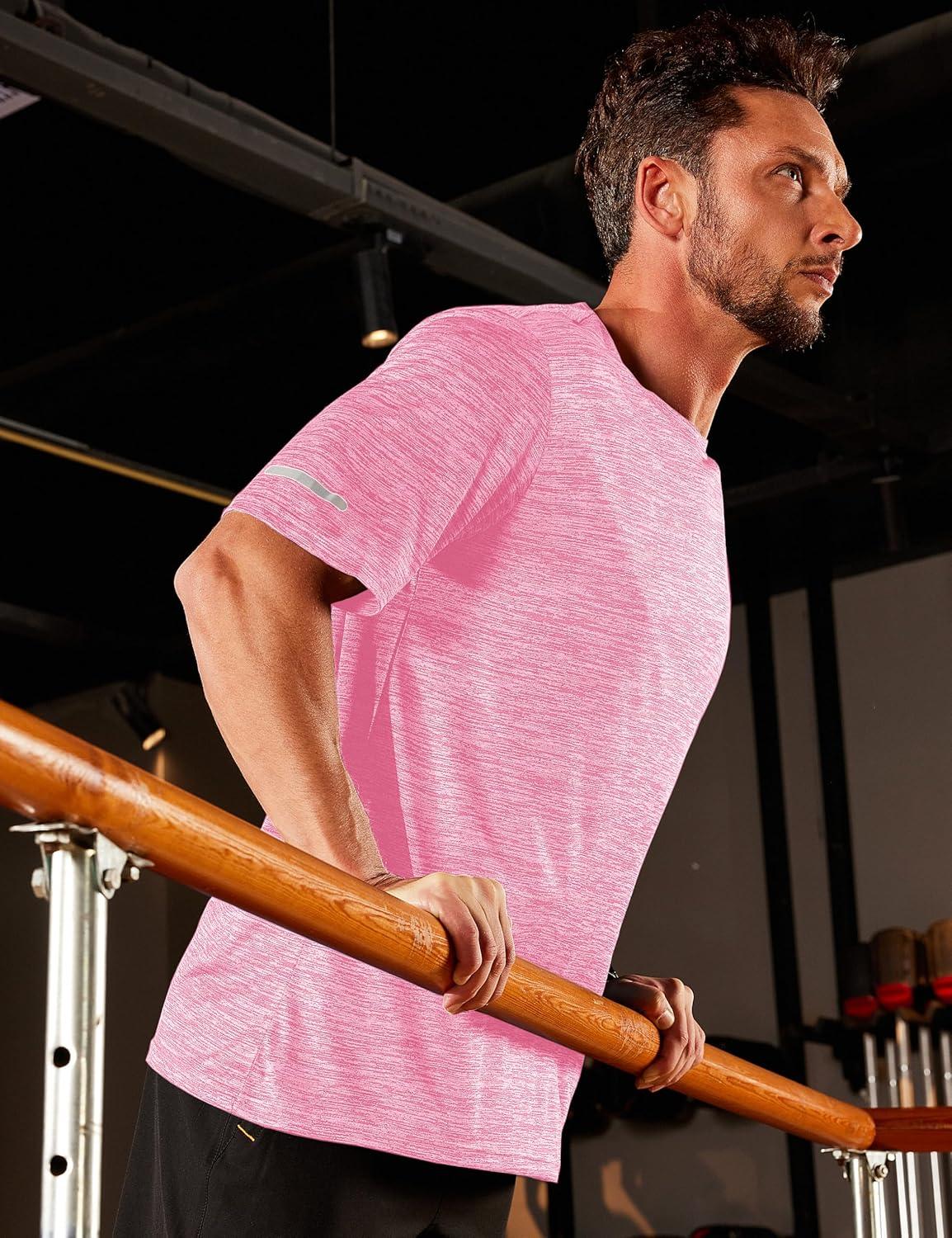 imageMAGCOMSEN Mens Workout T Shirts Athletic Short Sleeve Crew Neck Tee Lightweight Dry Fit Running Gym ShirtsPink