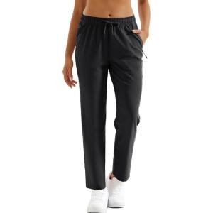 imageMAGCOMSEN Womens Hiking Pants Lightweight Quick Dry UPF 50 Water Resistant Elastic Waist Golf Travel Pants Zip PocketsBlack