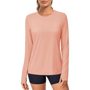 imageMAGCOMSEN Womens Long Sleeve Shirts UPF 80 Quick Dry Athletic Workout Tee Shirts with Thumb Holes Rash Guard Swim TopsApricot