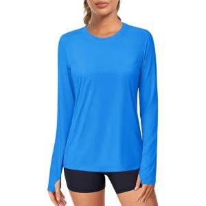 imageMAGCOMSEN Womens Long Sleeve Shirts UPF 80 Quick Dry Athletic Workout Tee Shirts with Thumb Holes Rash Guard Swim TopsAzure