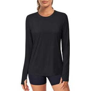 imageMAGCOMSEN Womens Long Sleeve Shirts UPF 80 Quick Dry Athletic Workout Tee Shirts with Thumb Holes Rash Guard Swim TopsBlack