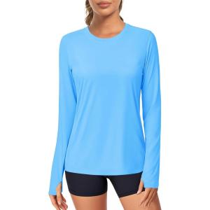 imageMAGCOMSEN Womens Long Sleeve Shirts UPF 80 Quick Dry Athletic Workout Tee Shirts with Thumb Holes Rash Guard Swim TopsBlue