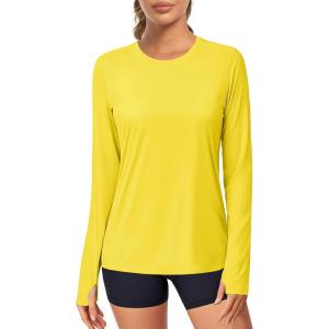 imageMAGCOMSEN Womens Long Sleeve Shirts UPF 80 Quick Dry Athletic Workout Tee Shirts with Thumb Holes Rash Guard Swim TopsBright Yellow