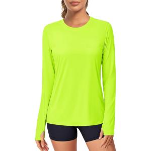 imageMAGCOMSEN Womens Long Sleeve Shirts UPF 80 Quick Dry Athletic Workout Tee Shirts with Thumb Holes Rash Guard Swim TopsFluorescent Green
