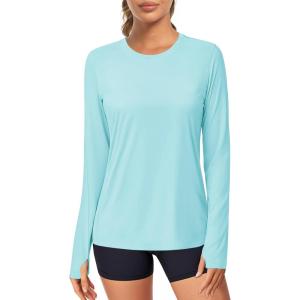 imageMAGCOMSEN Womens Long Sleeve Shirts UPF 80 Quick Dry Athletic Workout Tee Shirts with Thumb Holes Rash Guard Swim TopsLight Blue