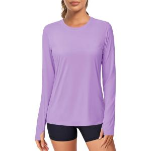 imageMAGCOMSEN Womens Long Sleeve Shirts UPF 80 Quick Dry Athletic Workout Tee Shirts with Thumb Holes Rash Guard Swim TopsLight Purple