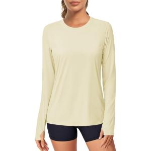 imageMAGCOMSEN Womens Long Sleeve Shirts UPF 80 Quick Dry Athletic Workout Tee Shirts with Thumb Holes Rash Guard Swim TopsLightapricot