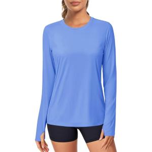 imageMAGCOMSEN Womens Long Sleeve Shirts UPF 80 Quick Dry Athletic Workout Tee Shirts with Thumb Holes Rash Guard Swim TopsLightblue