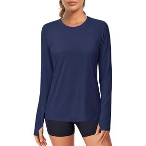 imageMAGCOMSEN Womens Long Sleeve Shirts UPF 80 Quick Dry Athletic Workout Tee Shirts with Thumb Holes Rash Guard Swim TopsNavy Blue