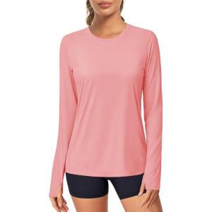 imageMAGCOMSEN Womens Long Sleeve Shirts UPF 80 Quick Dry Athletic Workout Tee Shirts with Thumb Holes Rash Guard Swim TopsPink