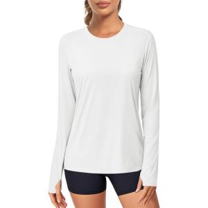 imageMAGCOMSEN Womens Long Sleeve Shirts UPF 80 Quick Dry Athletic Workout Tee Shirts with Thumb Holes Rash Guard Swim TopsWhite