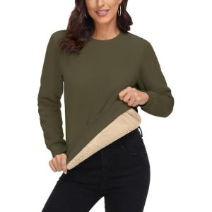 imageMAGCOMSEN Womens Sherpa Lined Sweatshirts Thermal Casual Crewneck Fleece Pullover Winter Warm Thick TopsArmy Green