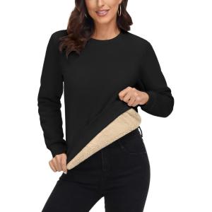 imageMAGCOMSEN Womens Sherpa Lined Sweatshirts Thermal Casual Crewneck Fleece Pullover Winter Warm Thick TopsBlack