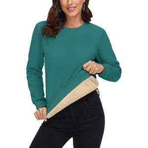 imageMAGCOMSEN Womens Sherpa Lined Sweatshirts Thermal Casual Crewneck Fleece Pullover Winter Warm Thick TopsEmerald Green