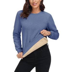 imageMAGCOMSEN Womens Sherpa Lined Sweatshirts Thermal Casual Crewneck Fleece Pullover Winter Warm Thick TopsGrey Blue