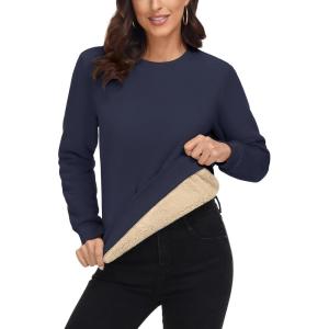 imageMAGCOMSEN Womens Sherpa Lined Sweatshirts Thermal Casual Crewneck Fleece Pullover Winter Warm Thick TopsNavy