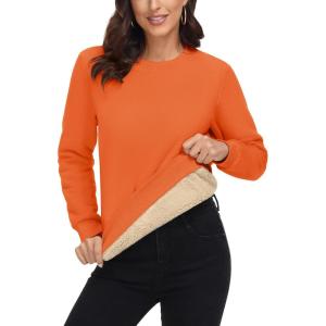 imageMAGCOMSEN Womens Sherpa Lined Sweatshirts Thermal Casual Crewneck Fleece Pullover Winter Warm Thick TopsOrange