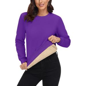 imageMAGCOMSEN Womens Sherpa Lined Sweatshirts Thermal Casual Crewneck Fleece Pullover Winter Warm Thick TopsPurple