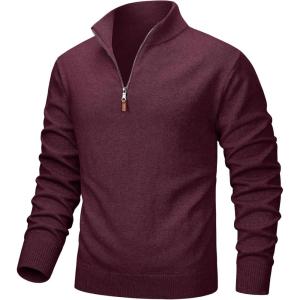 imageMAGCOMSEN Mens Quarter Zip Pullover Lightweight Mock Neck Polo Sweater Long Sleeve Warm Fall Winter Pullover SweatersWine Red