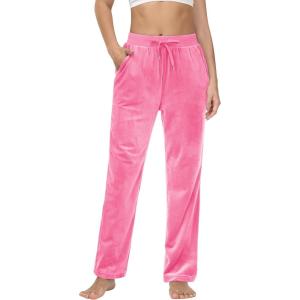 imageMAGCOMSEN Womens Velour Pants Soft Velvet Straight Leg Sweatpants Elastic Waist Warm Lounge Pant with PocketsFluorescent Pink