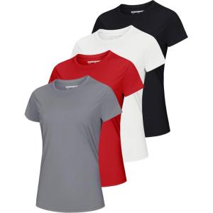 imageMAGCOMSEN 4 Pack Womens Short Sleeve Workout TShirts UPF 50 Moisture Wicking Rash Guard Dry Fit Athletic Running TopsBlack  White  Light Gray  Tomato Red